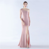 Women Beaded Party Slash Shoulder One Shoulder Slit Evening Dress