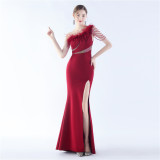 Women Beaded Beaded Ostrich Feather Slash Shoulder One-shoulder Evening Dress