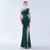 Women One Shoulder Ostrich Feather Beaded Evening Dress