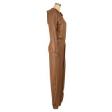 Women Casual PU-Leather Hooded and Pant Two-piece Set