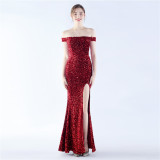 Women Sequins Formal Party Off Shoulder Evening Dress