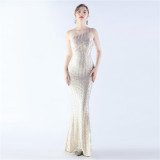 Women Beaded One Shoulder Slash Shoulder Evening Dress