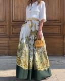 Women autumn single-breasted shirt and high-waist printed wide-leg pants two-piece set