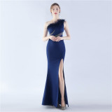 Women One Shoulder Ostrich Feather Beaded Evening Dress