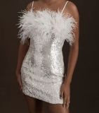 Women Party Dresses Faux Fur Patchwork Sequins Off Shoulder Sexy Strapless Dress