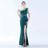 Women Beaded Beaded Ostrich Feather Slash Shoulder One-shoulder Evening Dress