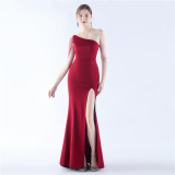 Women Beaded Party Slash Shoulder One Shoulder Slit Evening Dress