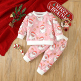 Christmas Girl cartoon Santa Claus printed long-sleeved Top and Pant two-piece set