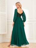 Women Elegant Off Shoulder Slit Lace Up Sequin Patchwork Chiffon Long Sleeve Evening Dress