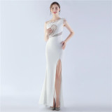 Women One Shoulder Ostrich Feather Beaded Evening Dress