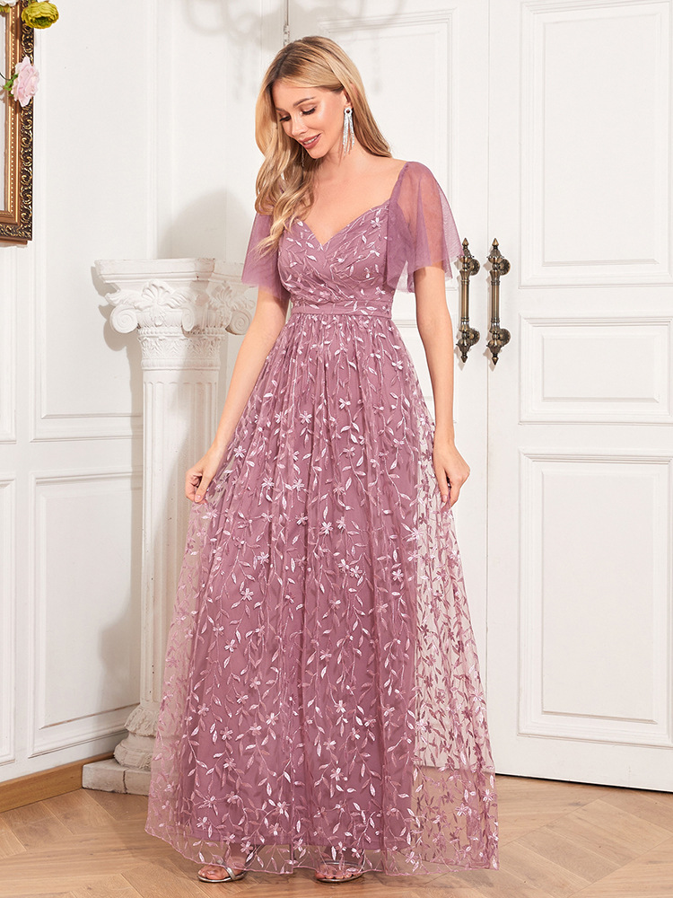 Women Elegant See-Through Short Sleeve V-Neck Mesh Evening Dress