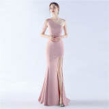 Women Beaded Party Slash Shoulder One Shoulder Slit Evening Dress