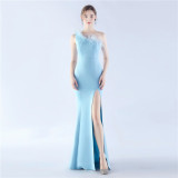 Women Ostrich Feather Slash Shoulder One Shoulder Evening Dress