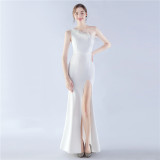 Women Ostrich Feather Slash Shoulder One Shoulder Evening Dress