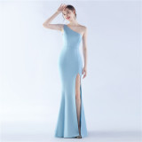Women Beaded Party Slash Shoulder One Shoulder Slit Evening Dress
