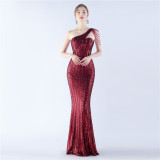 Women Beaded One Shoulder Slash Shoulder Evening Dress