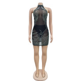 Women Solid mesh Beaded Halter Neck Dress