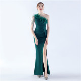 Women Beaded Ostrich Feather Evening Dress