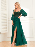 Women Elegant Off Shoulder Slit Lace Up Sequin Patchwork Chiffon Long Sleeve Evening Dress