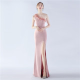 Women Ostrich Feather Slash Shoulder One Shoulder Evening Dress