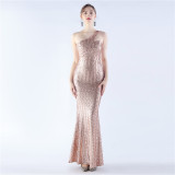 Women Beaded One Shoulder Slash Shoulder Evening Dress