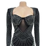 Women Solid mesh Beaded long sleeve dress