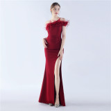 Women Ostrich Feather Party Dinner Evening Dress