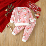 Christmas Girl cartoon Santa Claus printed long-sleeved Top and Pant two-piece set