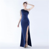 Women Beaded Ostrich Feather Evening Dress