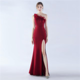 Women Ostrich Feather Slash Shoulder One Shoulder Evening Dress