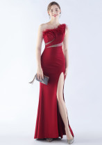 Women One Shoulder Ostrich Feather Beaded Evening Dress Women One Shoulder Ostrich Feather Beaded Evening Dress
