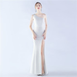 Women Beaded Party Slash Shoulder One Shoulder Slit Evening Dress
