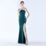 Women Beaded Party Slash Shoulder One Shoulder Slit Evening Dress