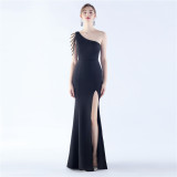 Women Beaded Party Slash Shoulder One Shoulder Slit Evening Dress