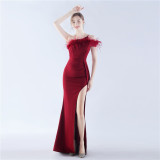 Women Ostrich Feather Party Dinner Evening Dress
