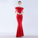 Women Ostrich Feather Off Shoulder Strapless Evening Dress