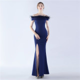 Women Ostrich Feather Off Shoulder Strapless Evening Dress