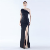 Women Beaded Ostrich Feather Evening Dress