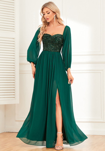 Women Elegant Off Shoulder Slit Lace Up Sequin Patchwork Chiffon Long Sleeve Evening Dress