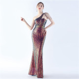 Women Beaded One Shoulder Slash Shoulder Evening Dress
