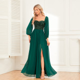 Women Elegant Off Shoulder Slit Lace Up Sequin Patchwork Chiffon Long Sleeve Evening Dress