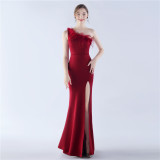 Women Ostrich Feather Slash Shoulder One Shoulder Evening Dress