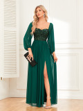 Women Elegant Off Shoulder Slit Lace Up Sequin Patchwork Chiffon Long Sleeve Evening Dress