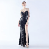 Women Herringbone Lace-Up Symphony Beaded Evening Dress