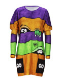 Halloween Printed Pocket Round Neck Long Sleeve Women's Top