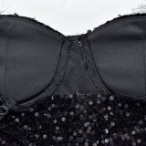 Fashion Women's Solid Color Feather Straps Sequin Sleeveless Short Party Dress（customized,MOQ 6pcs/size/color,process time 7-10 days）