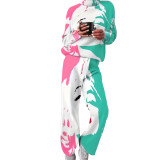 Autumn And Winter Women's Fashion Printed Casual Turtleneck Top Loose Trousers Two-Piece Set