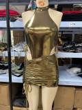 Women's Summer Glossy Sexy One Piece Bodysuit High Waist Drawstring Bodycon Skirt Two Piece Set