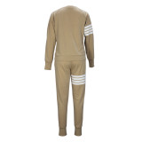 Casual Women's Spring And Autumn Round Neck Striped Patchwork Long Sleeve Top Pants Two-Piece Set