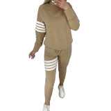 Casual Women's Spring And Autumn Round Neck Striped Patchwork Long Sleeve Top Pants Two-Piece Set